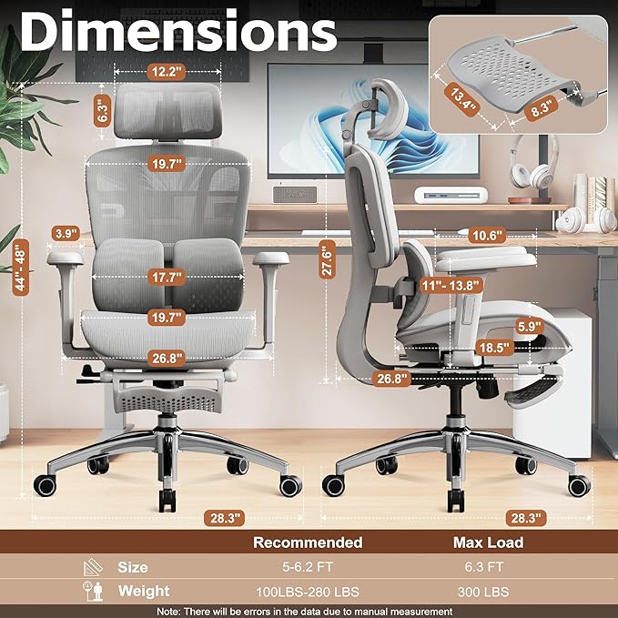 Vonesse Ergonomic Office Chair with Footrest, Desk Chairs with Adjustable 3D Headrest and Armrests, Computer Gaming Chair with Dynamic Lumbar Support & Adjustable Depth Breathable Mesh Seat (Grey)