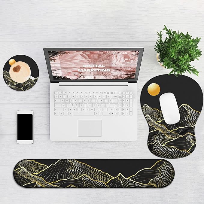 Ergonomic Mouse Pad with Wrist Rest and Keyboard Wrist Rest, Gel Mousepad and Wrist Rest for Computer Keyboard, Non-Slip PU Base, Black Mouse Pad with Wrist Support for Gaming, Mountain