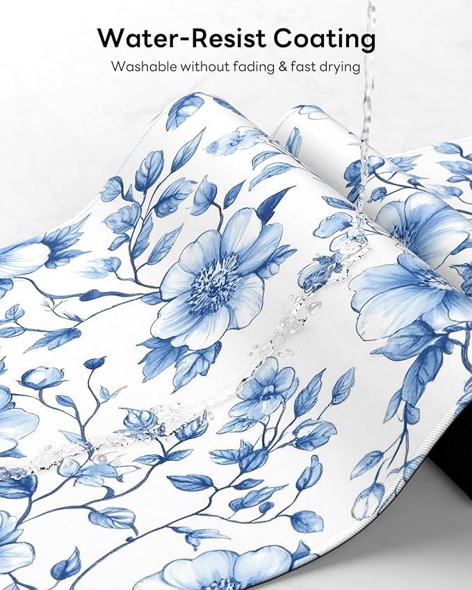 Floral Mouse Pad, 31.5 x 11.8 Large Desk Mat with Stitched Edges & Non-Slip Base, Mousepad for Office, Home, Work, Blue White Flower