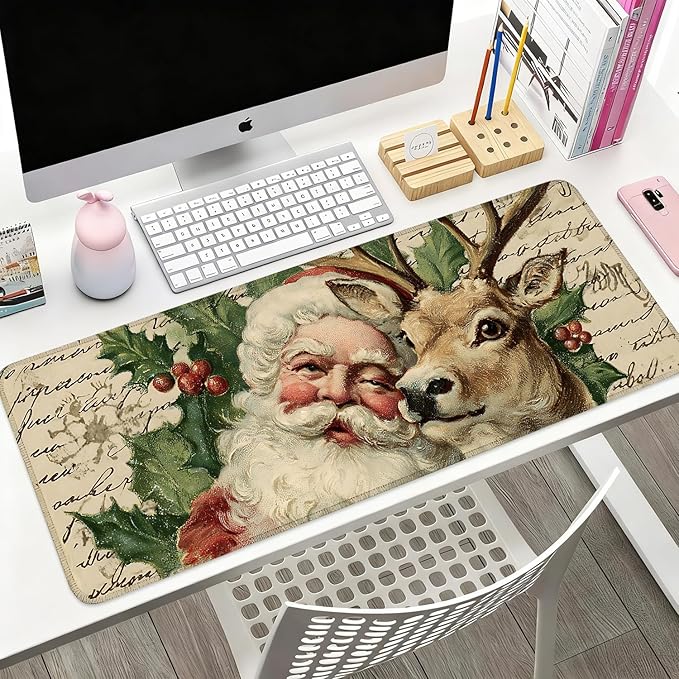 Desk Mat, XXL Extended Gaming Pad for Desktop, 31x12 Inches Santa and Reindeer Classic Scene, Large Non-Slip Vegan Leather Keyboard Mouse Mat for Home Office