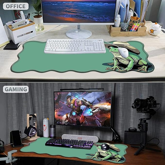 Green Frog Large Gaming Mouse Pad Plus a Coaster, 31.5 x 11.8 inches Desk Mat Extended XL Mousepad with Stitched Edge Non-Slip Rubber, Desk Pad Computer Mouse Mat for Home Office