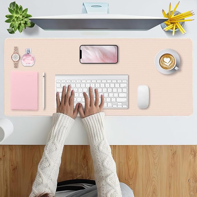 Bloss Desk Mat, Non-Slip Desk Pad Mat Protector, Large Desk Mat for Keyboard and Mouse, Beige Desk Mousepad with Stitched Edges, Keyboard Pad for Gamer, Office(31.5×11.8 Inches)