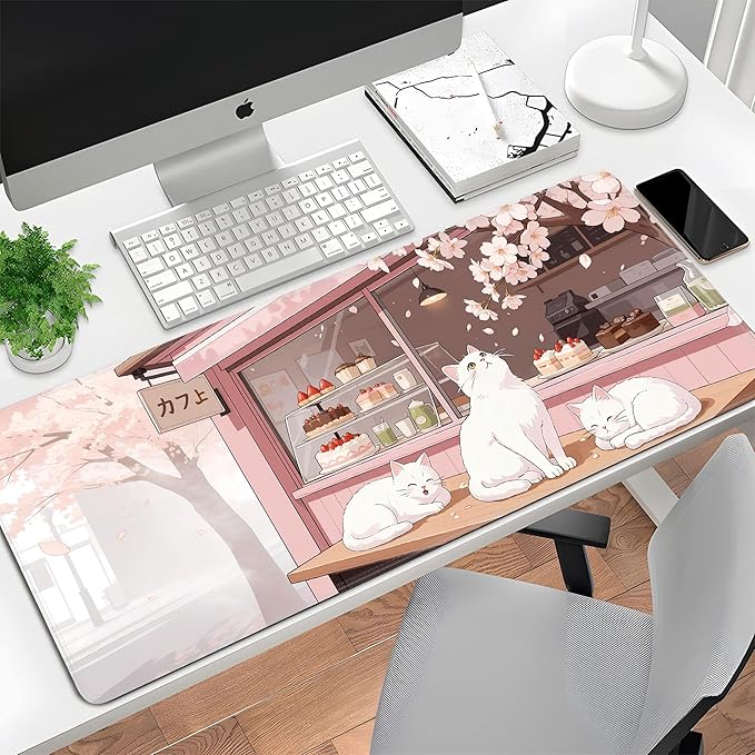 Pink Cute Cat Gaming Mouse Pad Large Desk Mat Extended Keyboard Mouse Pad Anime Mousepad with Non-Slip Base and Stitched Edge Mouse Mat Desk Pad 31.5 x 11.8 in Mouse Pads for Desk Home Office Gaming