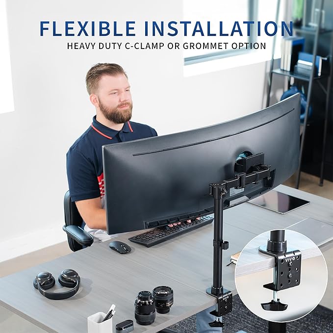 VIVO Single Ultra-Wide Monitor Desk Mount for up to 49 inch Ultrawide Screens, Clamp-on Adjustable Stand Holds 44 lbs, VESA up to 100x100mm, Black, STAND-V100M