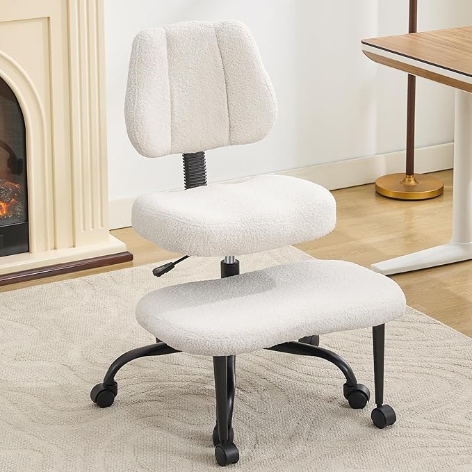 Ergonomic Criss Cross Legged Office Chair, ADHD Chair, Wide Height Adjustable Seat 360° Swivel Footstool with Wheels, Teddy Fabric Meditation Kneeling Chair, for The Restless Home Workers, White