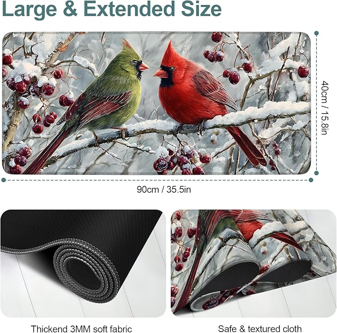 Christmas Bird Extended Gaming Mouse Pad 35.4x15.7Inch Large Desk Mat Anti-Slip Rubber Base & Durable Stitched Edges for Gamers Smooth Mouse Writing Surface for Desk Office/Home