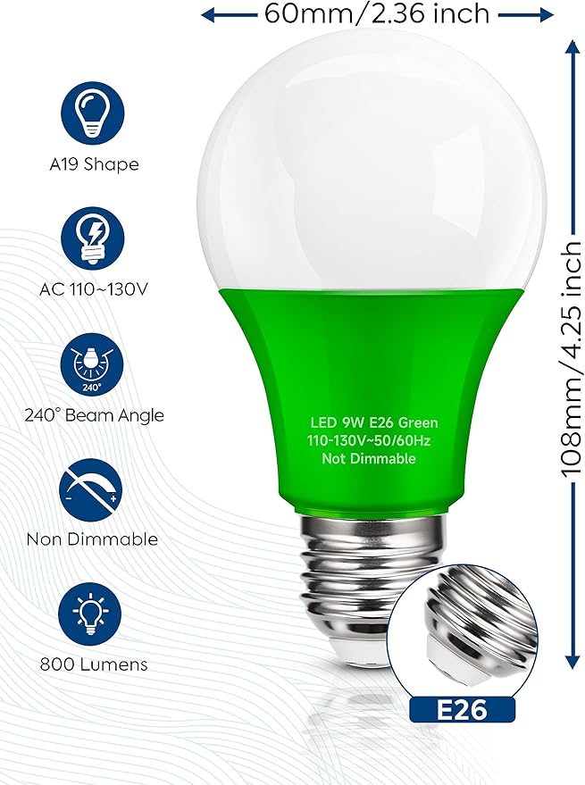 Green LED Light Bulbs Outdoor, 9W Equivalent 60W, A19 Green Colored Light Bulb E26 Base Outdoor for Halloween, Christmas, New Year, Porch Home Lighting, Bar Decor, Non-Dim, 4 Pack