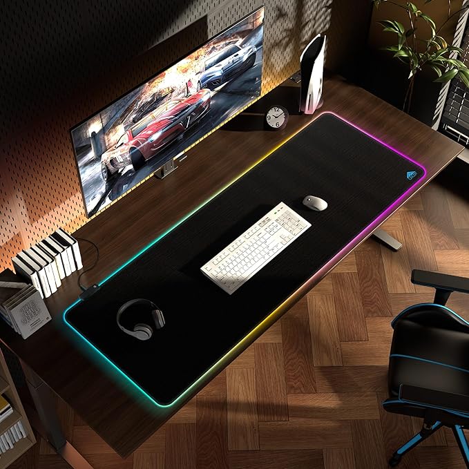 Cacoy 55" x 20" RGB Gaming Mouse Pad XXL, Large LED Lighting Desk Mat, 9-Light Mode Keyboard Pad with Non-Slip Rubber Base and Smooth Surface, Extended Computer Mousepad for Game, Office & Home, Black
