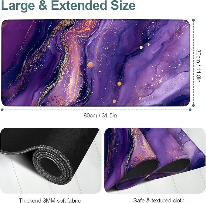 Purple Marble Extended Gaming Mouse Pad 31.5x11.8inches Large Desk Mat Anti-Slip Rubber Base & Durable Stitched Edges for Gamers Smooth Mouse Writing Surface for Desk Office/Home