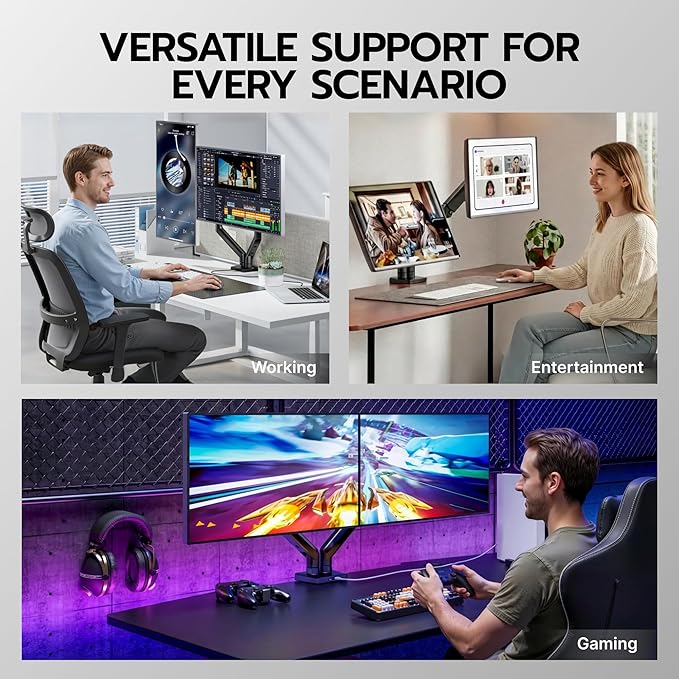 ARES WING Dual Monitor Mount, Heavy Duty Monitor Arms for 2 Monitors for 17-35 Inch, Fully Adjustable Monitor Desk Stand with USB A/C for Ultrawide Screen, VESA 75x75 or 100x100mm, Black