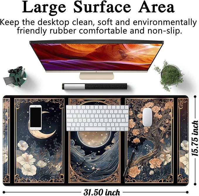 Celestial Lunar Nature Tarot Card Desk Mat Moon Floral Large Mouse Pad XXL 31.5''X 15.7'' Witch Night Botanical Desk Pad Gaming Mousepad Keyboard Mouse Mat for Laptop Computer Office Decor Gift
