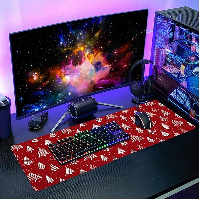 aportt Red Christmas Mouse Pad Christmas Tree Xmas Holiday Winter Extended Desk Mat 80X30 cm Non-Slip Rubber Base Stitched Edge Large XL Mousepad for Desk Gaming Laptop Desktop,31.5×11.8 Inch