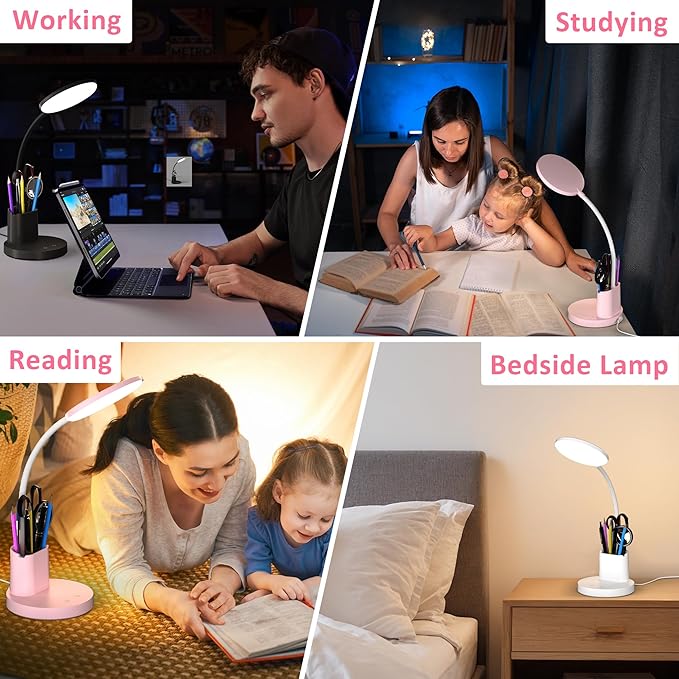 Desk Lamp, LED Desk Lamp for Home Office, Touch Table Lamp with 3 Color Modes 360° Adjustable Arm, Dimmable Desk Light with Pen Phone Holder, Pink