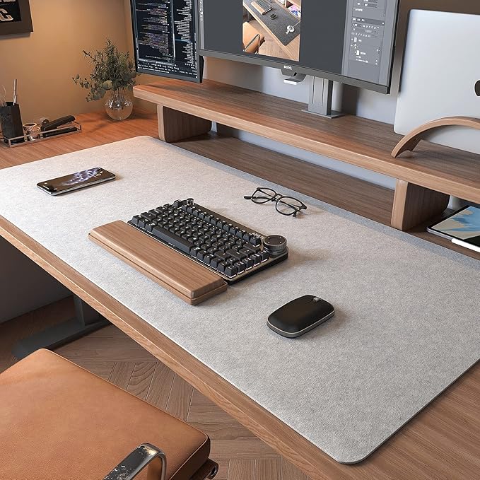 DAWNTREES Non-Slip Felt Desk Mat | 36''x15.8'' | Large Computer Desk Mat Keyboard and Mouse Pad | Office Desktop Pad Protector (Light Grey)
