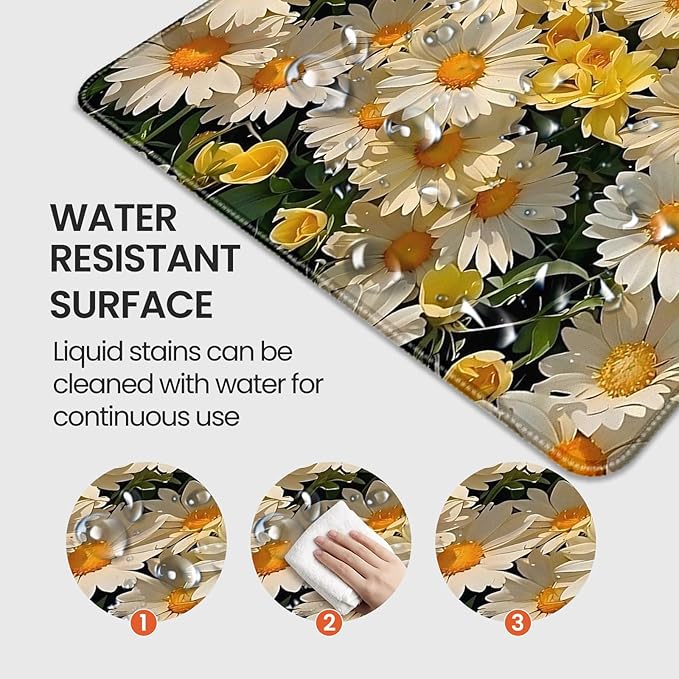 XXL Gaming Mouse Pad, Daisy Floral Design, 35.4 x 15.7 Inches, Microfiber Cloth, Rectangular, Non-Slip Rubber Base