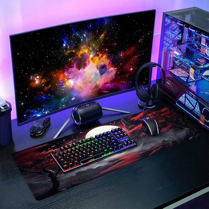 Black Red Japanese Mouse Pad XL Moon Sakura Cherry BLoosm Tree Extended Table Mat 80X30 cm Non-Slip Rubber Base Stitched Edge Large XL Mousepad for Desk Gaming Laptop Desk Top,31.5×11.8 Inch