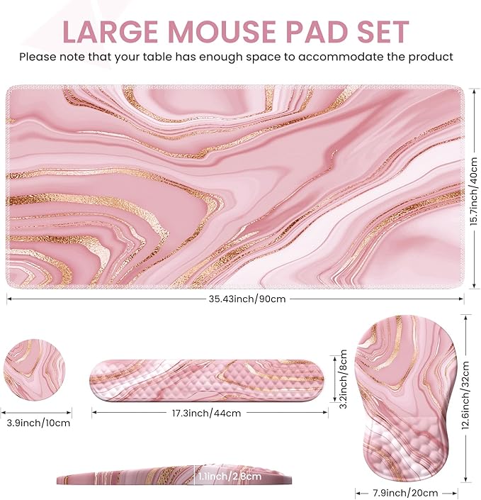 Pink Desk Mat, Desk Mat for Mouse, Computer Mats, Rose Gold Mouse Pad and Keyboard Wrist Rest, Memory Foam Wrist Rest for Mouse (Rose Gold Pink)