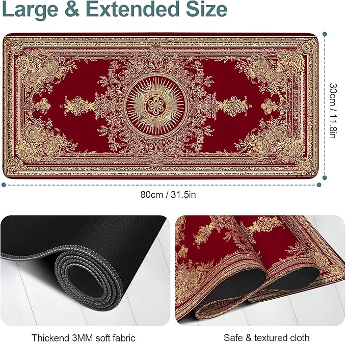 Red Vintage Extended Gaming Mouse Pad 31.5x11.8inches Large Desk Mat Anti-Slip Rubber Base & Durable Stitched Edges for Gamers Smooth Mouse Writing Surface for Desk Office/Home