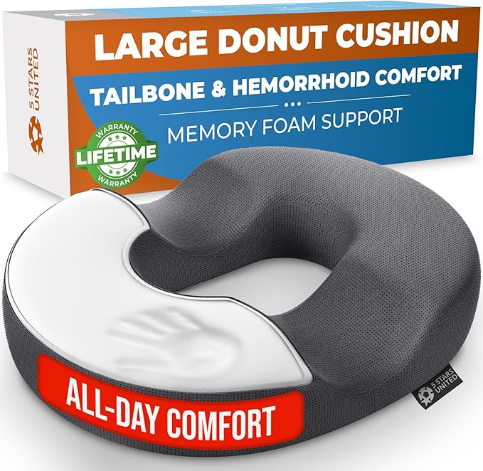 5 STARS UNITED Donut Pillow Hemorrhoid Tailbone Cushion – Large Floor Cushion for Coccyx, Prostate, Sciatica, Pelvic Floor, Pressure Sores, Pregnancy & Postpartum Recovery Support, Dark Gray