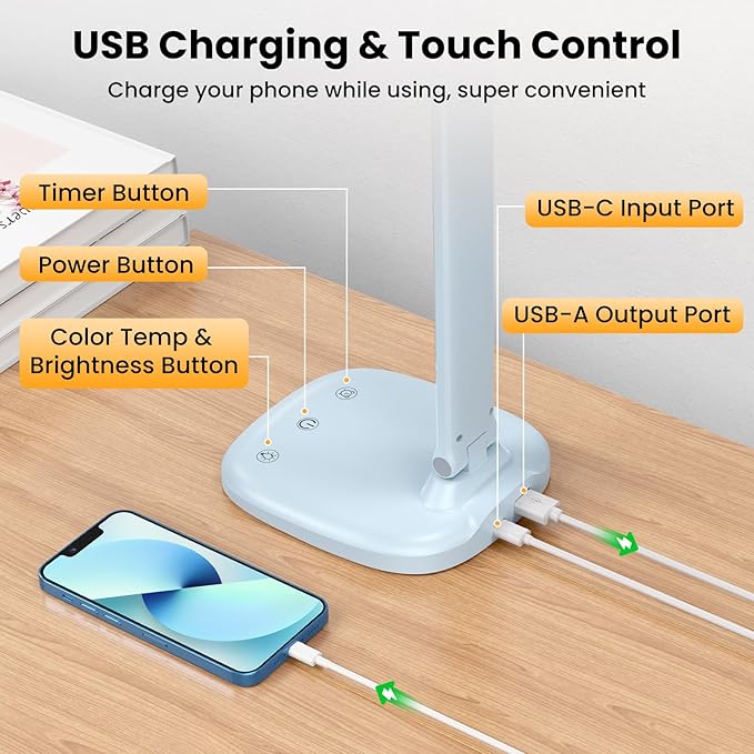 Desk Lamp with Charger, 10%-100% Stepless Dimmable & 5 Color Modes Study Lamp, Touch Control, 30-/60-minute Timer, USB Charging Output Port, CRI≥90, Eye-Caring Foldable LED Desk Lamps for Home Office