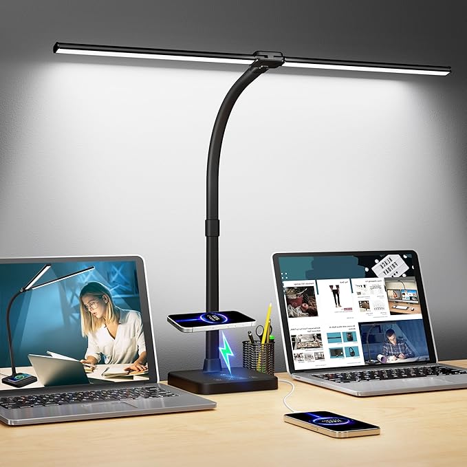 ShineTech LED Desk Lamp for Home Office, 24W Double Head Desk Light with Wireless Charging, USB Port, Adjustable Lamps, 5000K Daylight White