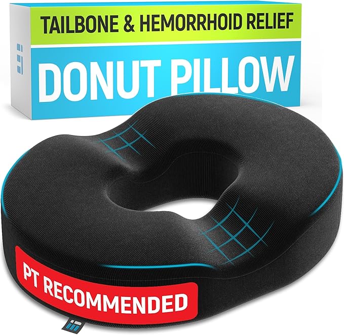 PT ENDORSED Donut Pillow for Coccyx & Tailbone Support - Orthopedic Donut Seat Cushion for Pressure Relief, Post Surgery, Postpartum Pregnancy, Ergonomic Cushion for Coccyx
