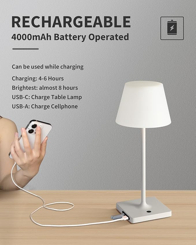 14.5" Small Cordless Touch Table Lamp White, Waterproof Shower Lamp, 4000mAh Rechargeable Portable Battery Powered Dimmable LED Desk Lamps for Outdoor, Restaurant, Bathroom, Camping, Nightlight
