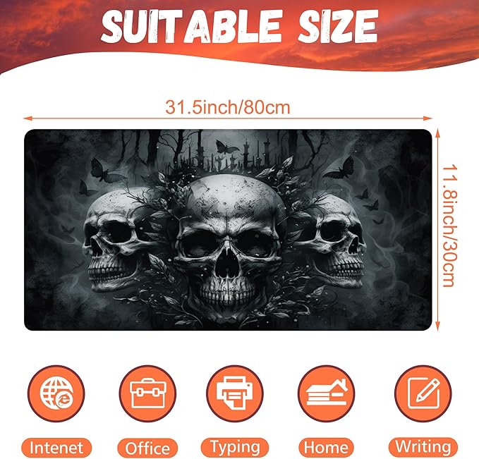 Large Gaming Mouse Pad, Ghostly Skulls in Mist Desk Mat, Scary Skulls Desk Pad, 31.5"x15.7" Extended Big Computer Keyboard Mouse Pad with Non-Slip Base and Stitched Edge