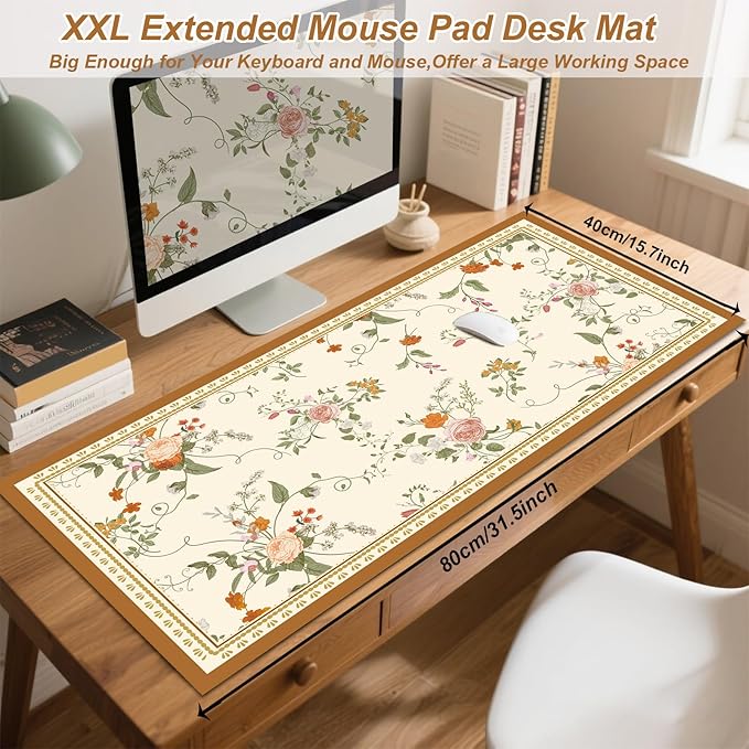 Desk Pad, ZAXOXAZ PU Leather Desk Pad Protector, 31.5" x 15.7" XXL Large Extended Flowers Mouse Pad, Big Desk Mat Floral Desk Blotter, Waterproof Desk Writing Pad for Office and Home