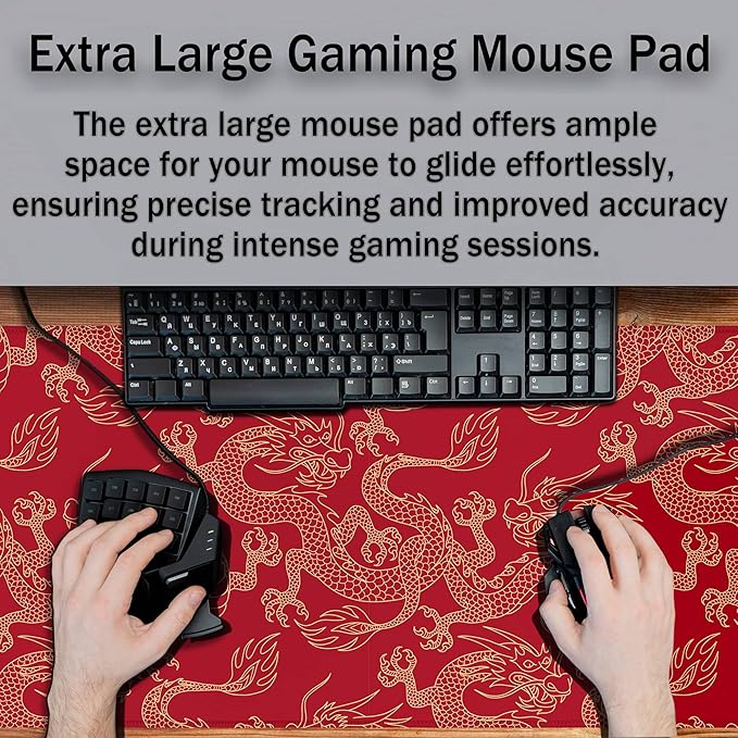 Keyboard Pad Red, Gaming Mousepad Desk Pad Big Mouse Pads Desk Decor for Men, 900X400 Mouse Pad Waterproof Non-Slip Rubber Base, 35.4 X 15.7 inch for Work/Game/Office/Home Chinese Dragon