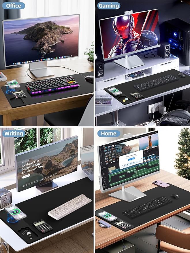 Mouse Pad 31.5x15.75 Inch with Calculator, 15W Magnetic Wireless Charging Desk Mat, XXL Desk Pad, Home Office Large Keyboard Pad with Ultra-Smooth Surface, Non-Slip Base (Black)