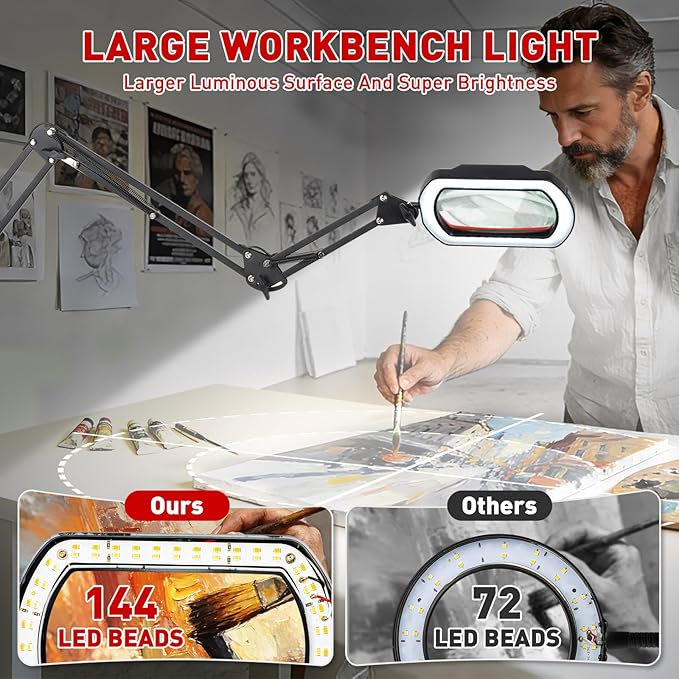 HITTI 12X Square Magnifying Glass with Light and Clamp, Ultra Long LED Desk Lamp with 5 Colors & Stepless Dimming | Hands-Free Workbench Lighted Magnifier Stand for Crafting, Repair,Painting- Red