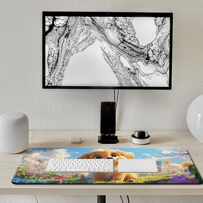 Large Ergonomic Gaming Mouse Pad Fluffy Puppy in Sunny Meadow - Cute Dog Theme with Non-Slip Base Water-Resistant Surface and Stitched Edges 40x90cm