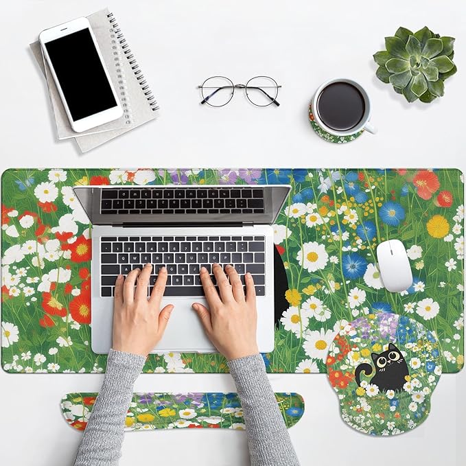 Arttown Red White Blue Flower Desk Mat Cute Black Cat Mouse Pad Set 4 in 1 Ergonomic Design Large Desk Pad + Keyboard Wrist Rest + Mouse Wrist Rest + Coaster Suitable for Home Office Study Game