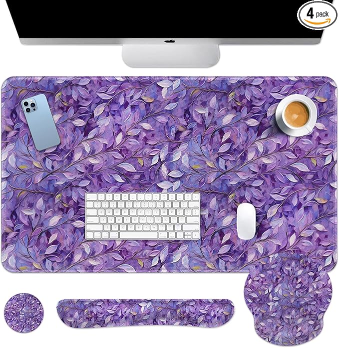 Britimes Purple Oil Painting Leaves Keyboard Mouse Pad Set Plant 4in1 Large Mousepad+Keyboard Wrist Rest+Mouse Wrist Rest+Coaster Ergonomic Design for Home Office Computer 35.4x15.7 inches