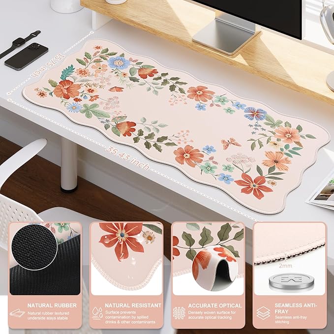 iCasso Desk Mat, Scalloped Desk Matt for Desktop, Cute Desk Pad Mat, XXL Large Mouse Pad, Anti-Slip Big Mousepad with Stitched Edges, Keyboard Pad Mouse Mat for Computer(Light Pink)