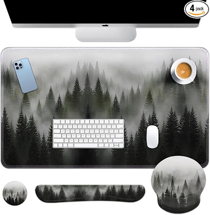 Arttown Misty Desk Mat Forest Mouse Pad Set 4 in 1 Tree Foggy Ergonomic Design Large Desk Pad + Keyboard Wrist Rest + Mouse Wrist Rest + Coaster Suitable for Home Office Study Game
