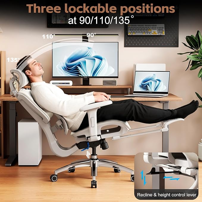 Vonesse Ergonomic Office Chair with Footrest, Desk Chairs with Adjustable 3D Headrest and Armrests, Computer Gaming Chair with Dynamic Lumbar Support & Adjustable Depth Breathable Mesh Seat (White)
