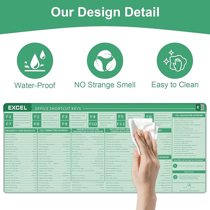 Baziabbo Office Desk Mat, Excel Cheat Sheet Keyboard Mat, Excel Shortcut Desk Pads,Non-Slip Excel Mousepad with Stitched Edges for Computer (Sheet Green)