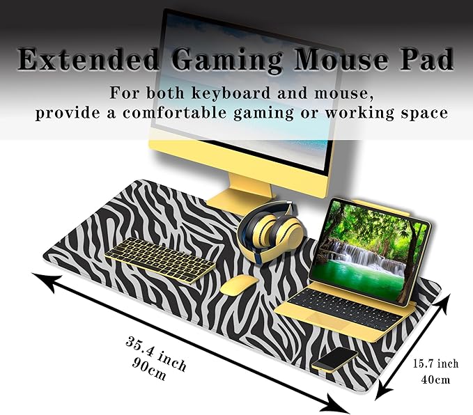 Desk Mouse Pad Black and White, Gaming Pad Big Mouse Pads, Ga Mouse Pad Non-Slip Rubber Base Waterproof with Stitched Edges, 35.4 X 15.7 inch for Work/Game/Office Trendy Zebra Skin Pattern