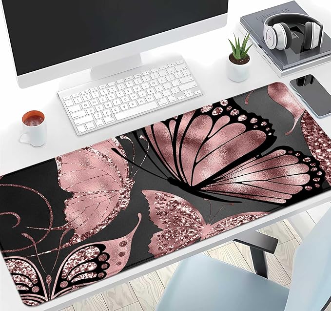 IMAYONDIA Gaming Mouse Pad for Women, Large Non-Slip Rubber Base Mousepad with Stitched Edges, Keyboard Mouse Mat Desk Pad for Work, Game, Office, 31.5x11.8 Inch - Rose Gold Glitter Foil Butterfly