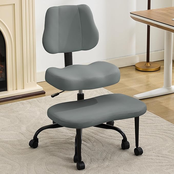 Ergonomic Criss Cross Legged Office Chair, ADHD Chair, Wide Height Adjustable Seat 360° Swivel Footstool with Wheels, PU Leather Meditation Kneeling Chair, for The Restless Home Workers, Grey