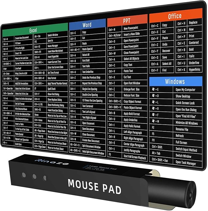 Large Mouse Pad Desk Mat with Excel Shortcuts Cheat Sheet, Anti-Slip Keyboard Pad with Multifunctional, Gaming Mousepad, Office Desk Accessories for Computer, MacBook, PC and Laptop