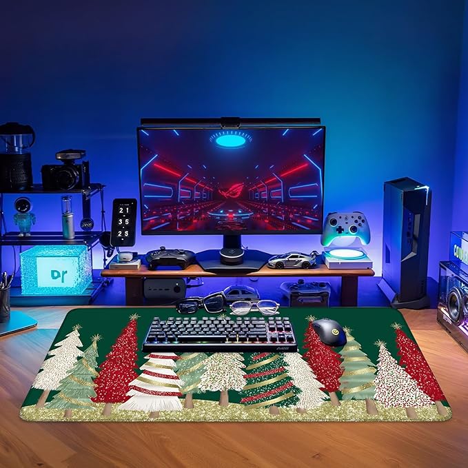 Christmas Tree - Green Extended Gaming Mouse Pad 35.4x15.7Inch Large Desk Mat Anti-Slip Rubber Base & Durable Stitched Edges for Gamers Smooth Mouse Writing Surface for Desk Office/Home