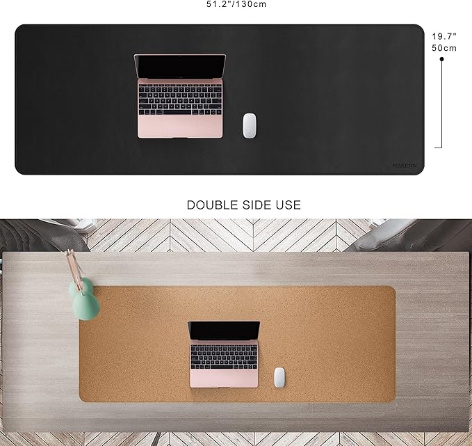 MAIDERN 51.2”x 19.6” Leather Desk Pad, Large Desk Mat, Reversible Cork & Leather Large Mouse pad for Desk, Waterproof Computer Desk Pad for Gaming Home Office (Black) …