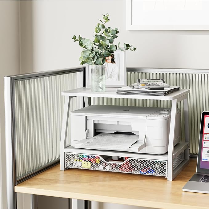 2-Tier Printer Stand with Storage, Desktop Organizer with Drawers for Printer Paper, Desk Shelf for Office and Home Printer Tables for 3D Printers‌ White