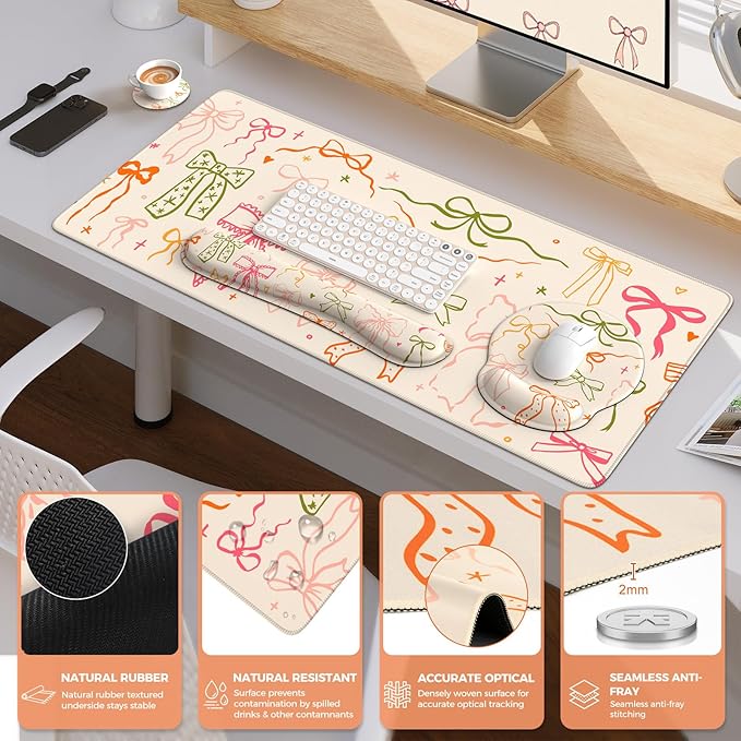 iCasso Desk Pad Mat, Large Mouse Pad and Keyboard Wrist Rest Set, Desk Protector Mat, 4in1 Ergonomic Keyboard Pad with Wrist Support for Desktop Home Office Computer (Colorful Ribbon)