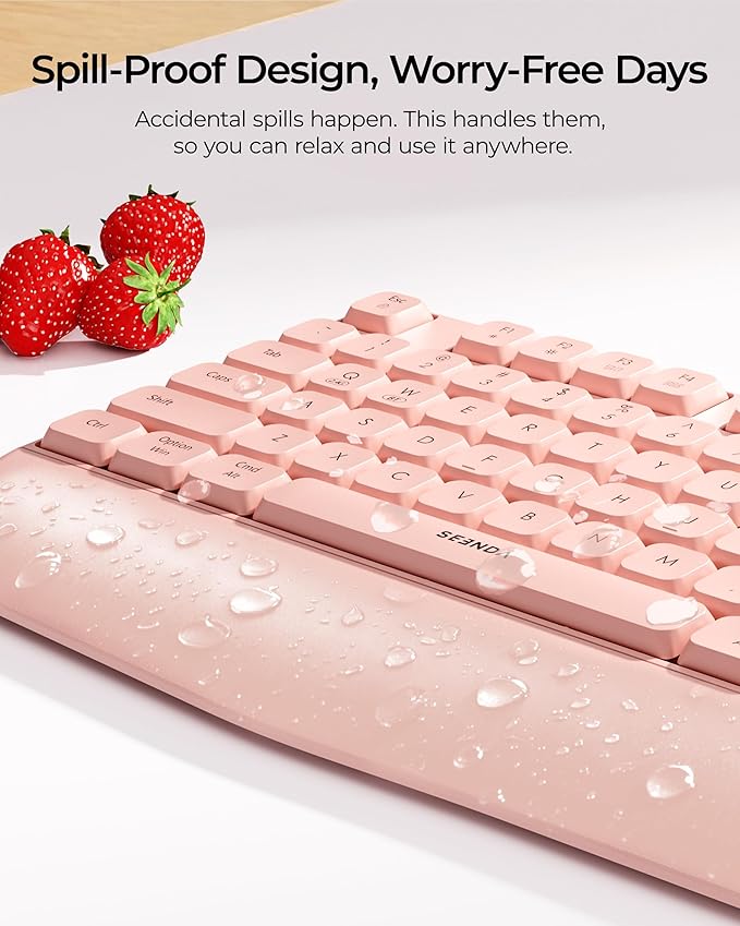 seenda Wireless Bluetooth Keyboard and Mouse Combo, COE200 Ergonomic Wireless Keyboard Mouse with Wrist Rest, Multi-Device Connection, Full-Size Compatible for Computer/Laptop/Mac/MacBook, Pink