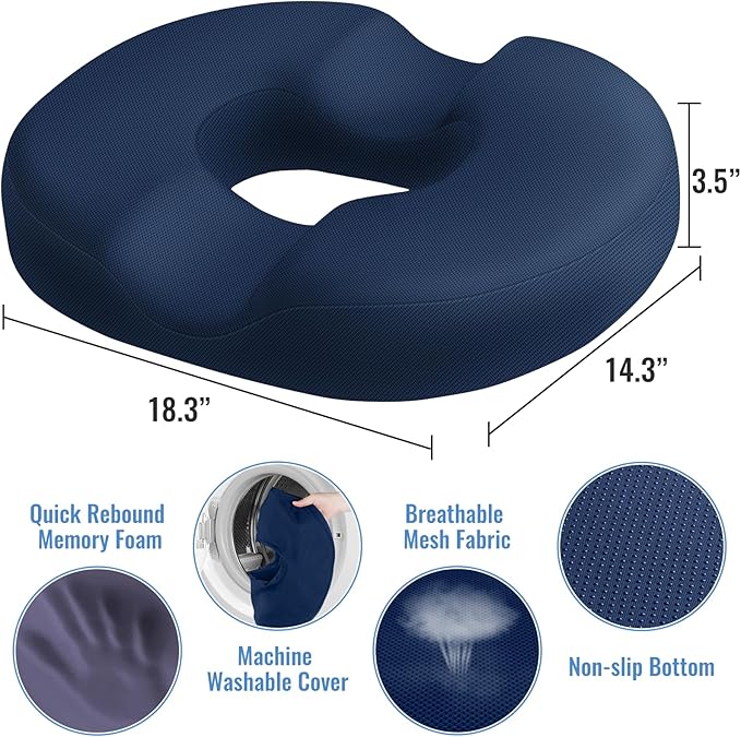 CloudBliss Donut Pillow Seat Cushion for Coccyx & Tailbone Support, Memory Foam Seat Chair Cushion for Postpartum Pregnancy, Seat Cushions for Men and Women for Home & Office, (Blue-XL)