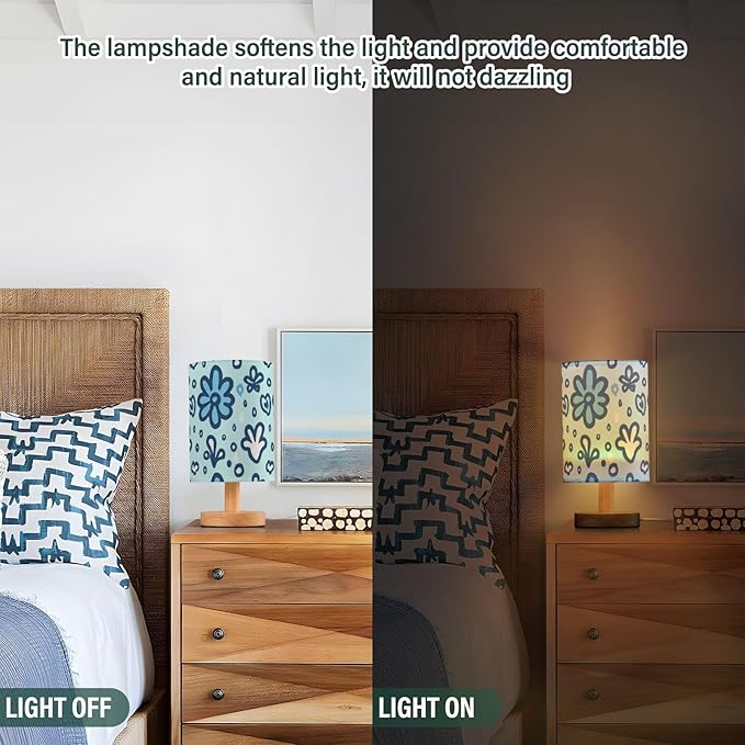 Flower LED Table Lamp, Bedside Lamp with Linen Lampshade, Flicker-Free Eye Care USB Plug in Nightstand Lamp, for Bedroom and Office